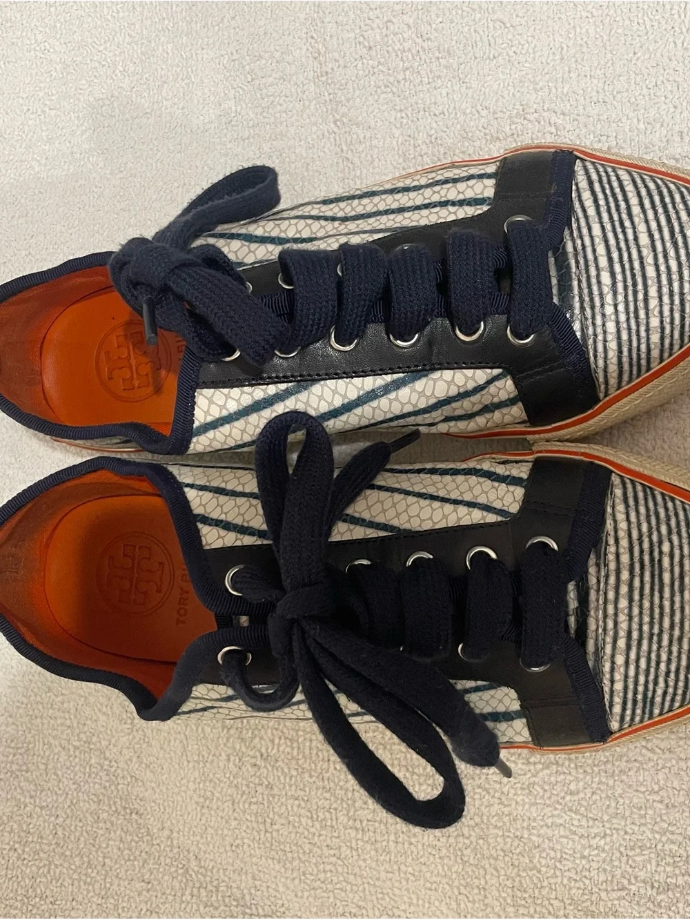 Tory Burch Navy, White and Orange Striped Low-Top Sneakers